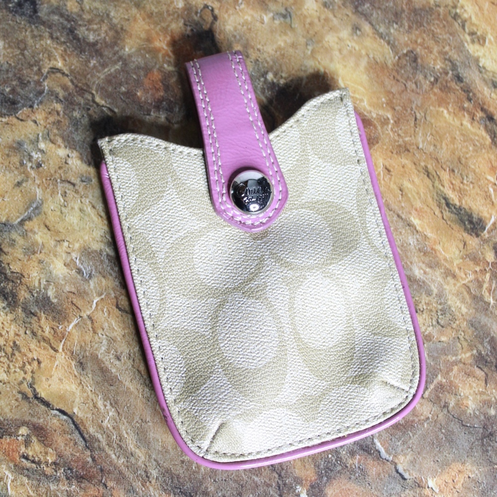 Coach Signature Khaki Pink Cell Phone Holder Case